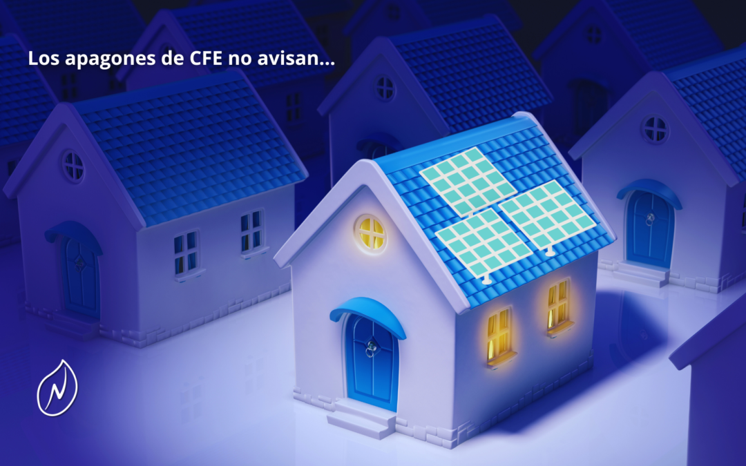 Sistema solar híbrido funcionando durante un apagón en Cancún, con paneles solares y baterías de respaldo instalados en una casa moderna.